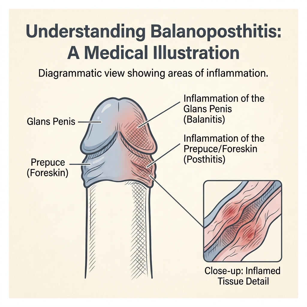 Diagram labeling balanitis and posthitis inflammation of the glans penis and foreskin