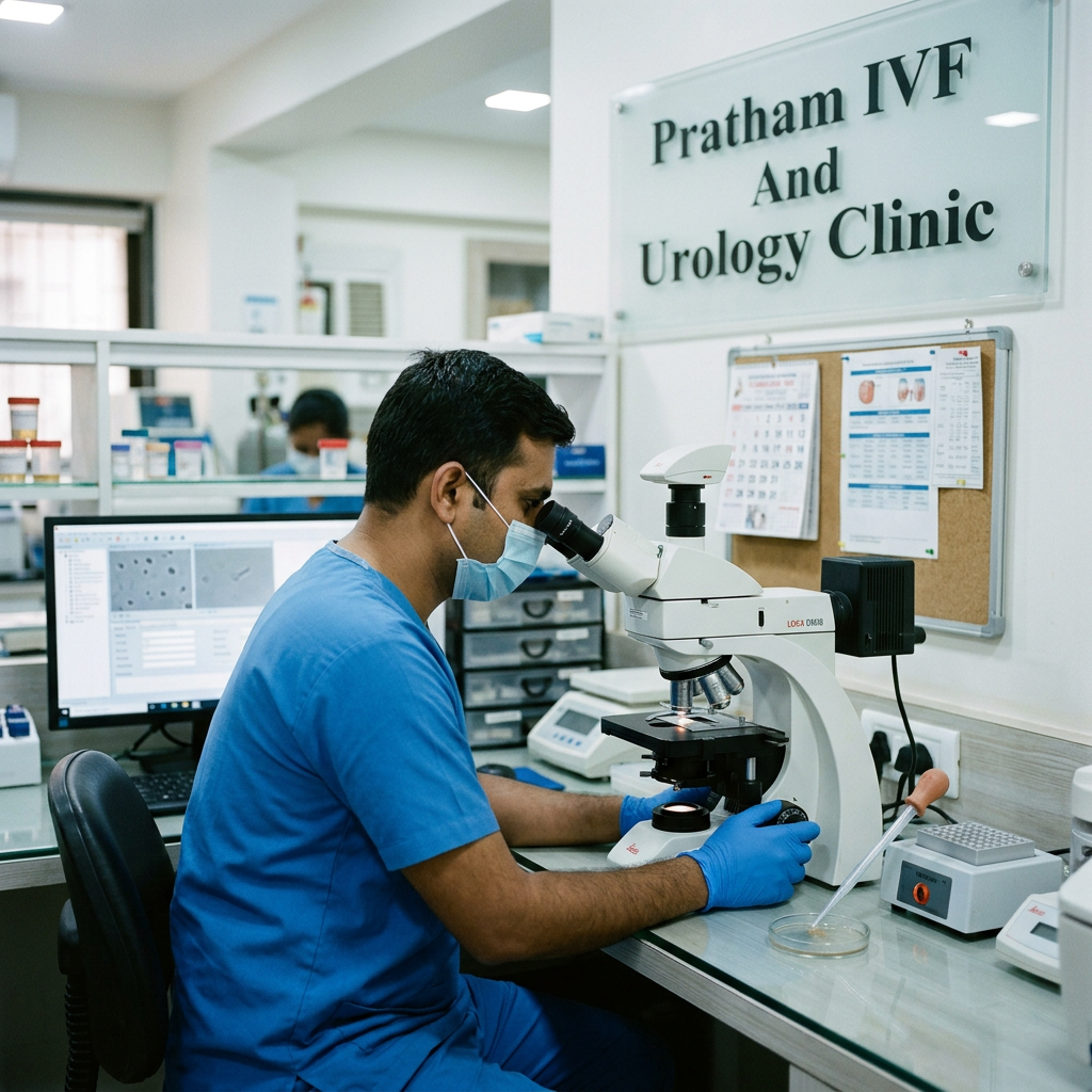 Laboratory professional examining a sample through a microscope in an IVF clinic